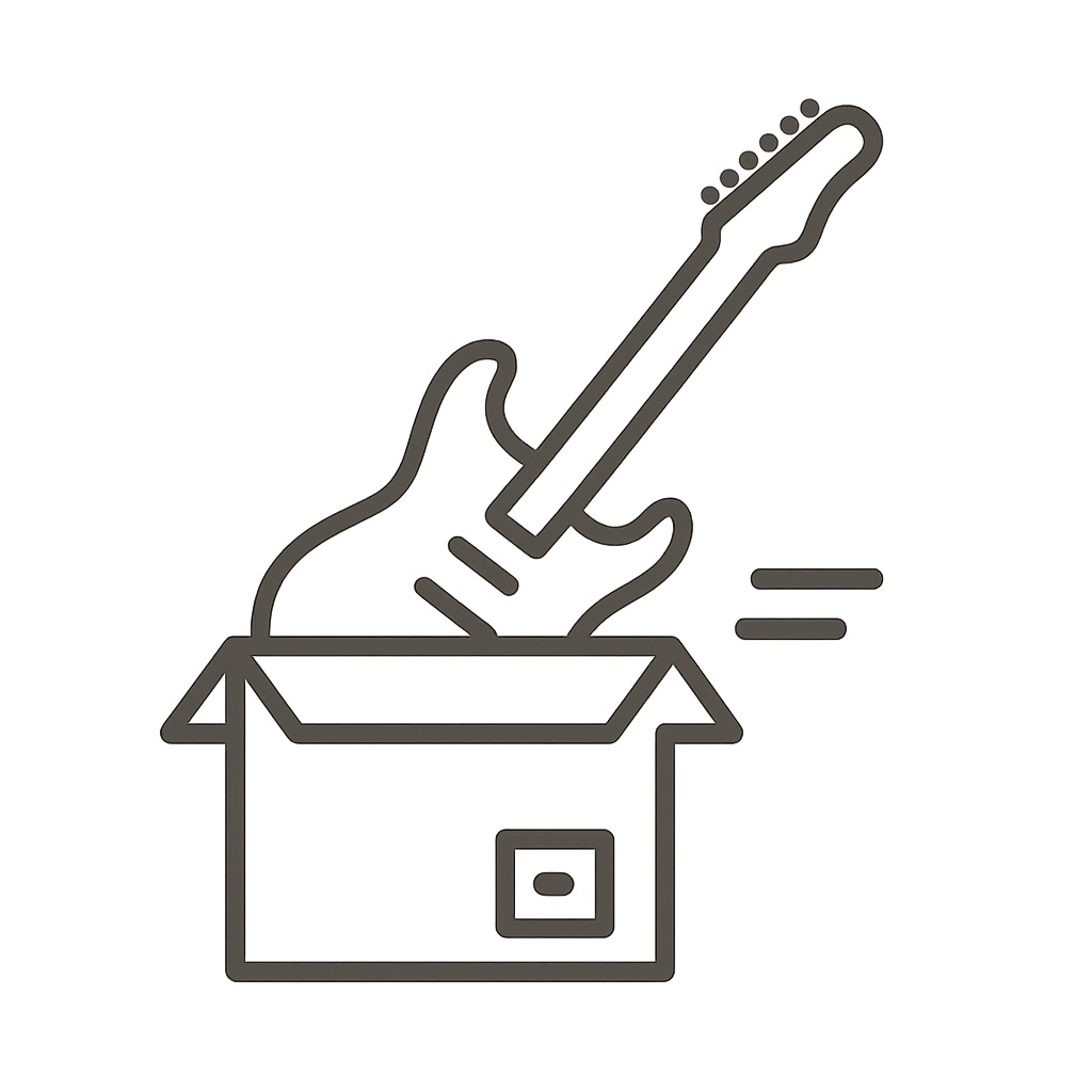 Logo der Webseite Gitarre-Versenden.de Eine E-Gitarre schaut aus einem frankierten Versandkarton.